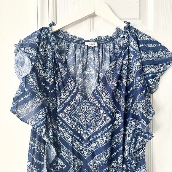 Lini Blue Stacey Ikat Geometric Print Flutter Sleeve Smocked Waist Mini Dress XS - Picture 3 of 11